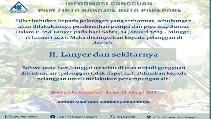 PAM Tirta Karajae Umumkan Distribusi Air Terganggu Sementara