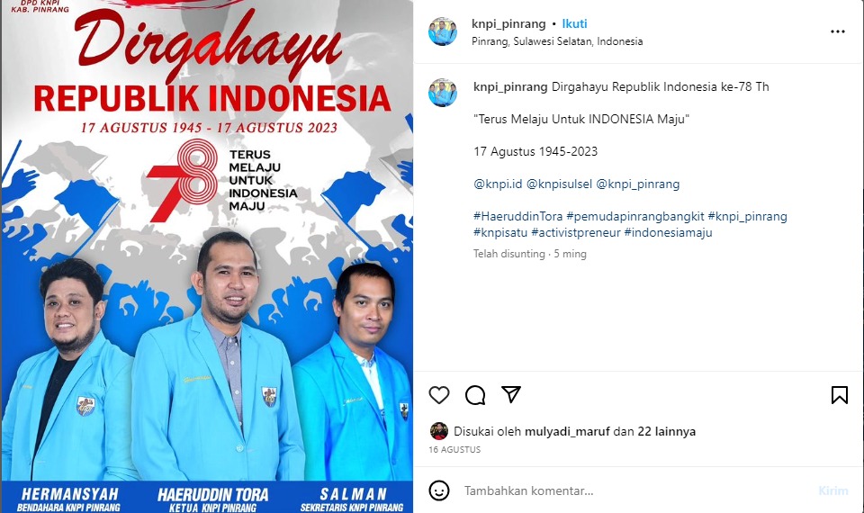 DPD II KNPI Pinrang Ucapkan Selamat HUT RI Ke-78