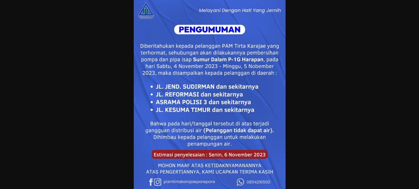 4-5 November, PAM Tirta Karajae Umumkan Gangguan Distribusi Air
