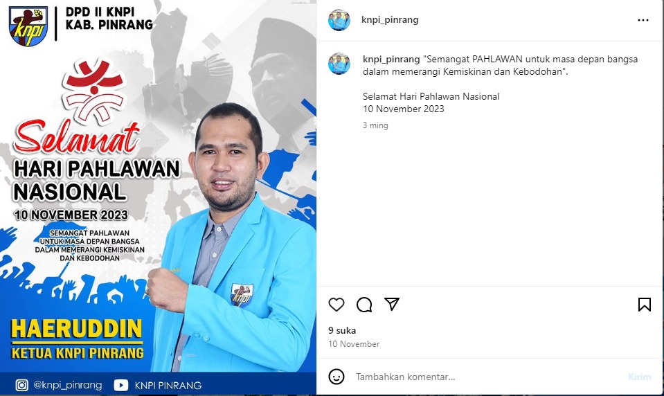 Ucapan Selamat Hari Pahlawan, Ketua KNPI Pinrang Haeruddin : Teruslah Berjuang untuk Bangsa