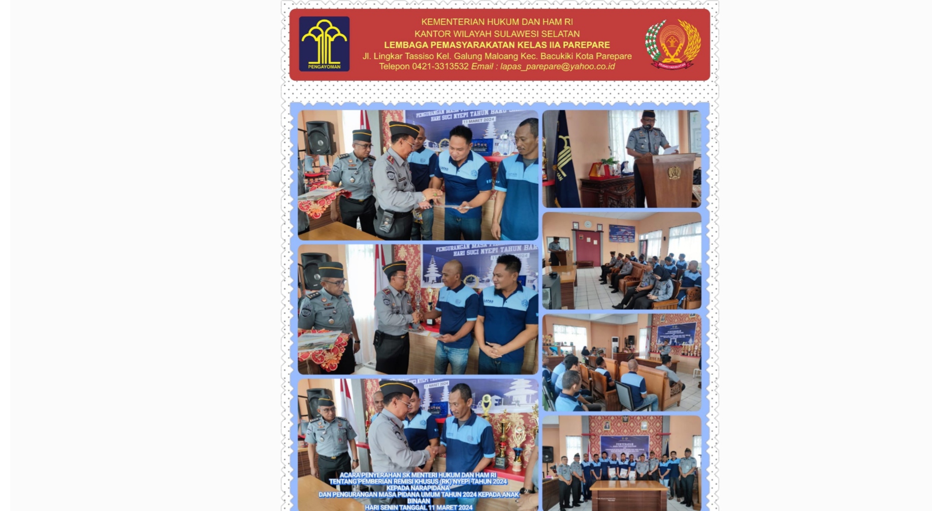 Kepala Lapas Parepare Totok Budiyanto Serahkan Remisi Nyepi untuk WBP Hindu