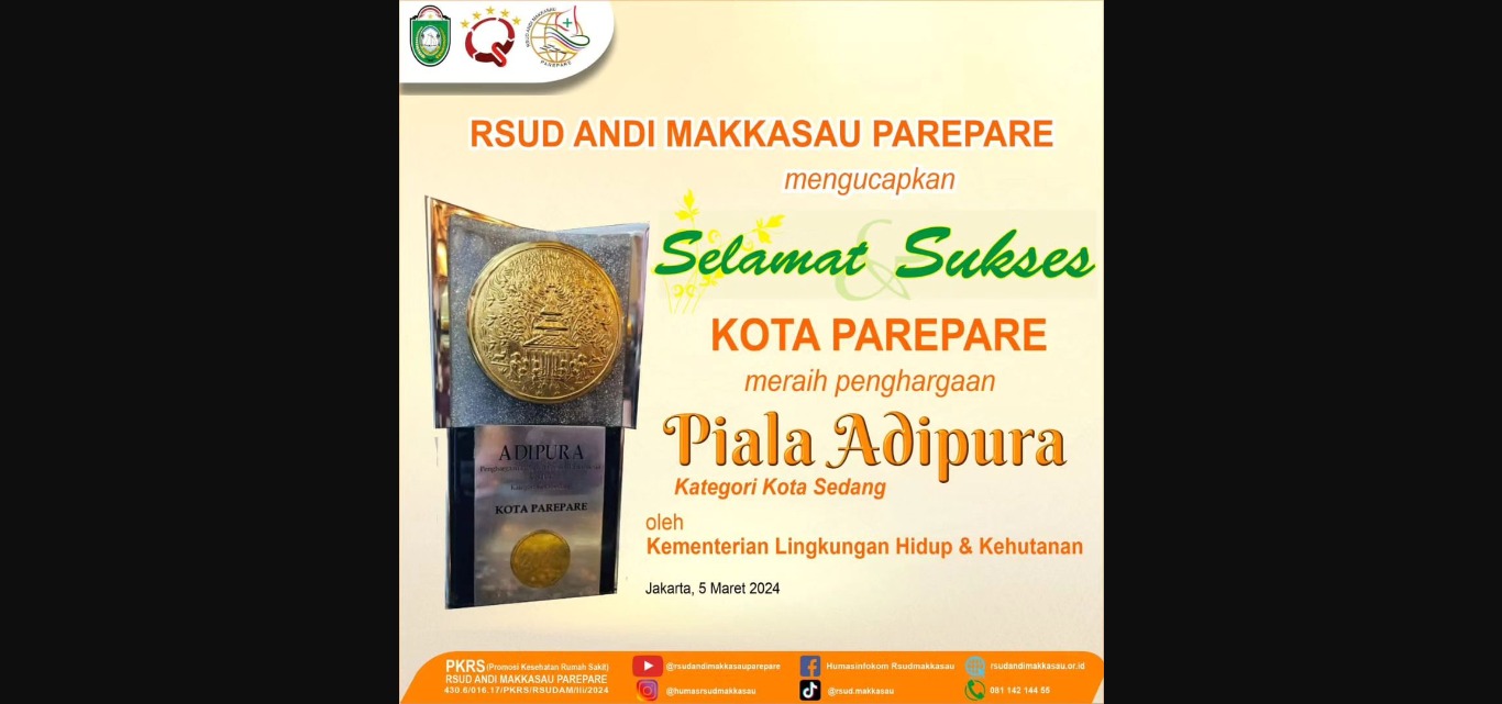RSUD Andi Makkasau Ucapkan Selamat Parepare Raih Anugerah Adipura ke-15