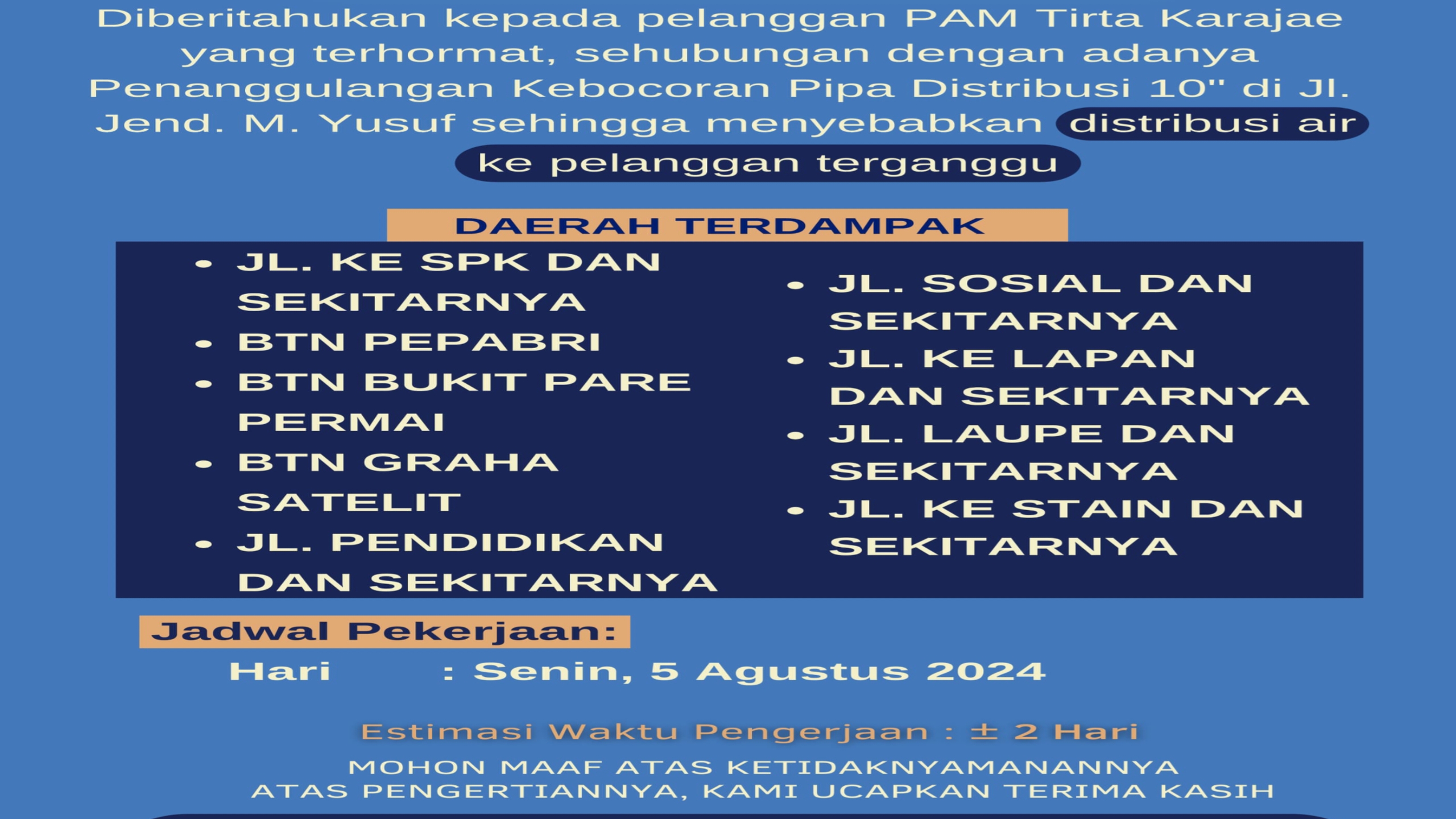 Perbaikan Pipa Bocor, PAM Tirta Karajae Parepare Umumkan Gangguan Distribusi Air