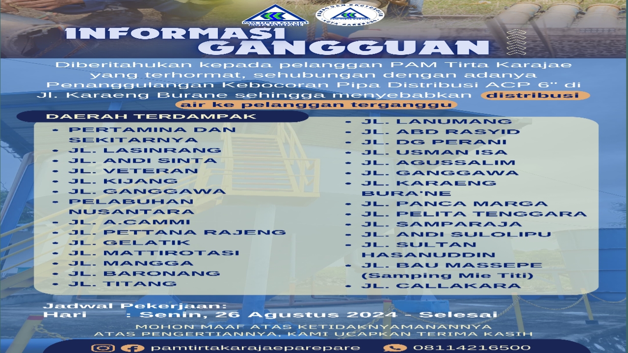 Perbaikan Pipa, PAM Tirta Karajae Parepare Umumkan Gangguan Distribusi Air