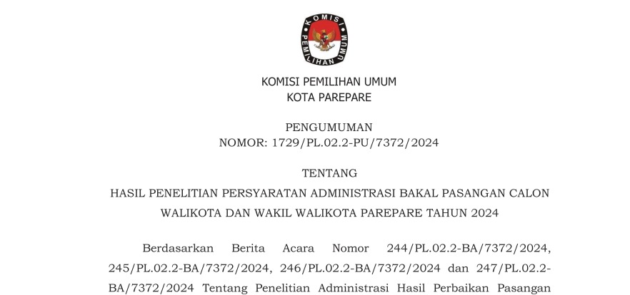 KPU Parepare Umumkan Hasil Penelitian Persyaratan Administrasi Bakal Paslon Wali Kota dan Wakil Walikota