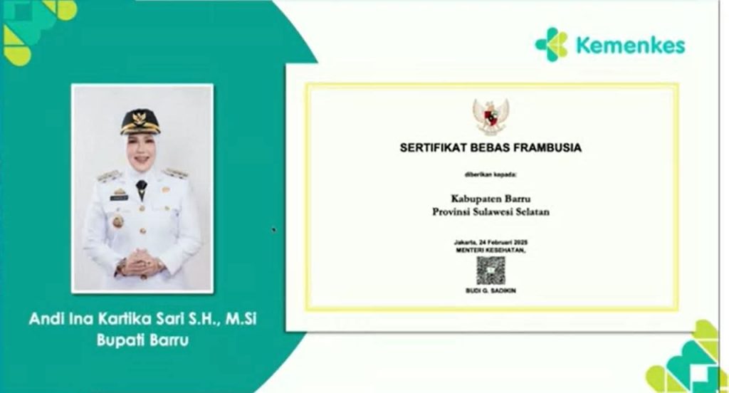Kemenkes Akui Barru Bebas Frambusia, Pemkab Barru Diganjar Serifikat Penghargaan